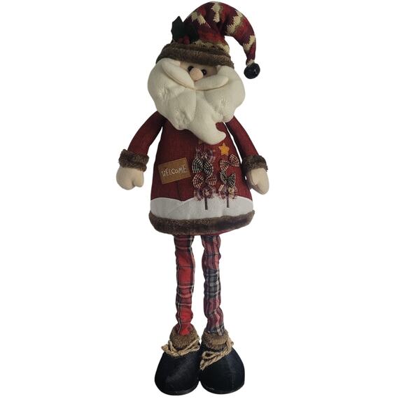 Extendable-Leg Santa Figure Rustic Fabric Welcome Hat Plaid ~18–28" Xmas Decor - Picture 2 of 13